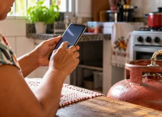 MDS esclarece boatos sobre cortes no Bolsa Família e Gás do Povo Imagem ilustrativa de pessoa consultando o celular na cozinha ao lado de botijão de gás.