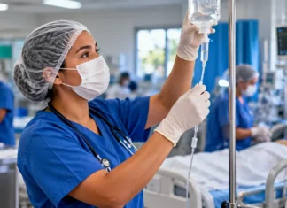 Alero aprova até R$ 252,9 milhões para saúde de Rondônia Profissional de enfermagem ajusta soro em ambiente hospitalar ilustrativo, em imagem sobre orçamento da saúde de Rondônia.