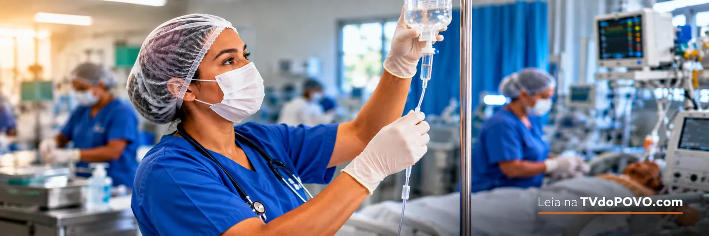 Enfermeira ajusta equipo de soro em ambiente hospitalar ilustrativo, em reportagem sobre crédito suplementar para a saúde de Rondônia.
