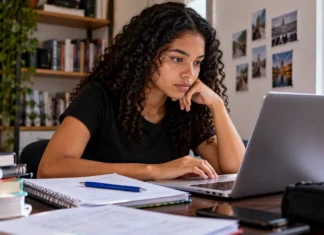Enem 2026: cartão do local de prova já está disponível Estudante consulta notebook entre livros e cadernos, com bandeira brasileira ao fundo.