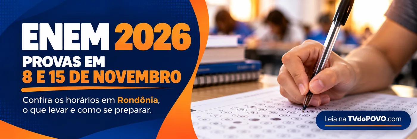 Enem 2026 em Rondônia — faixa editorial 1400 × 467 Arte do Enem 2026 informa provas em 8 e 15 de novembro e orientações para Rondônia, ao lado de cartão-resposta ilustrativo.